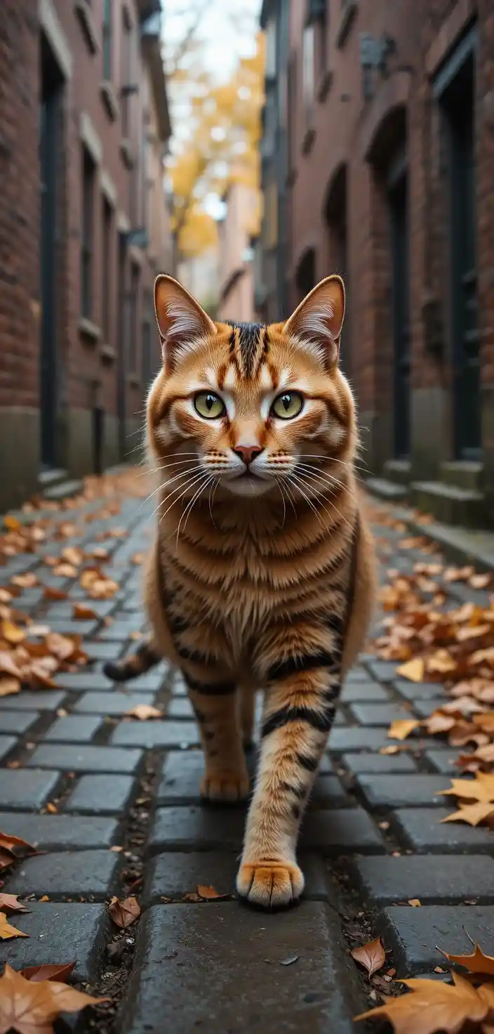 Ginger tabby cat walking through a cobblestone autumn alley