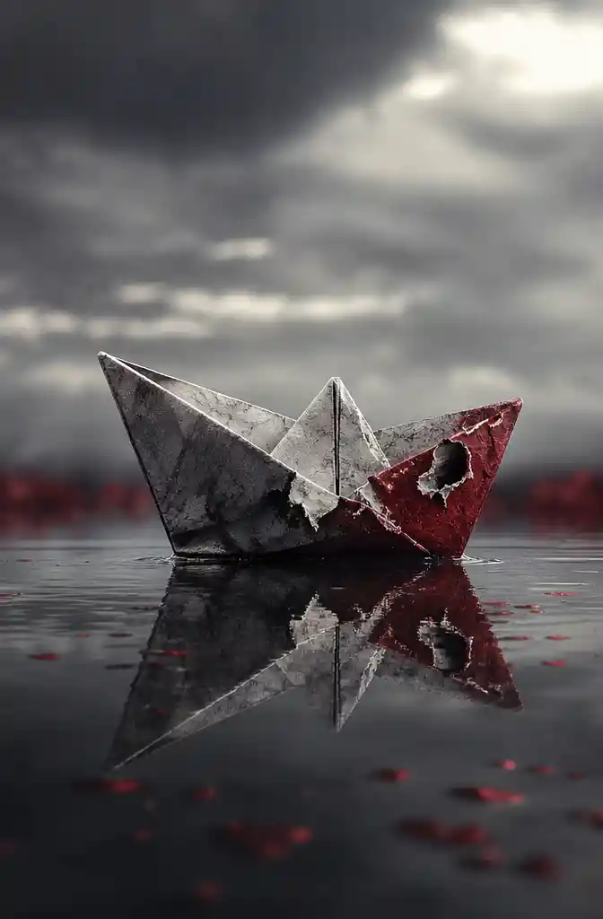 Damaged Paper Boat Floating On Reflective Water Surface