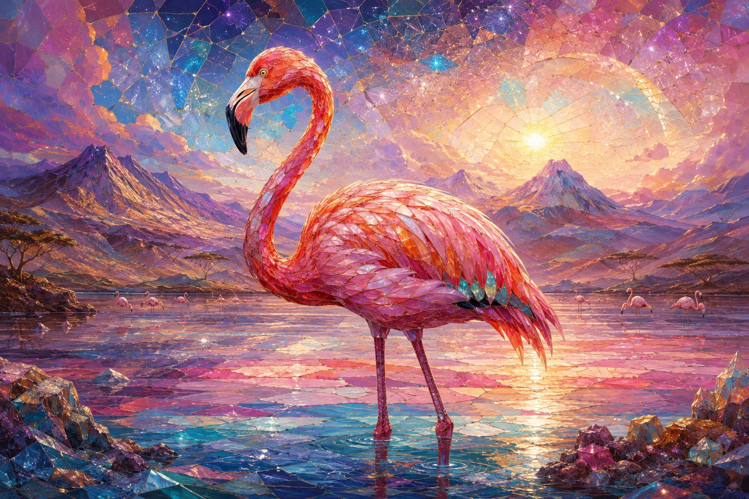 Mosaic flamingo standing in a shallow African rift valley lake