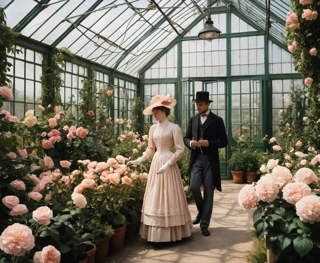 Elegant couple strolling through a Victorian flower greenhouse