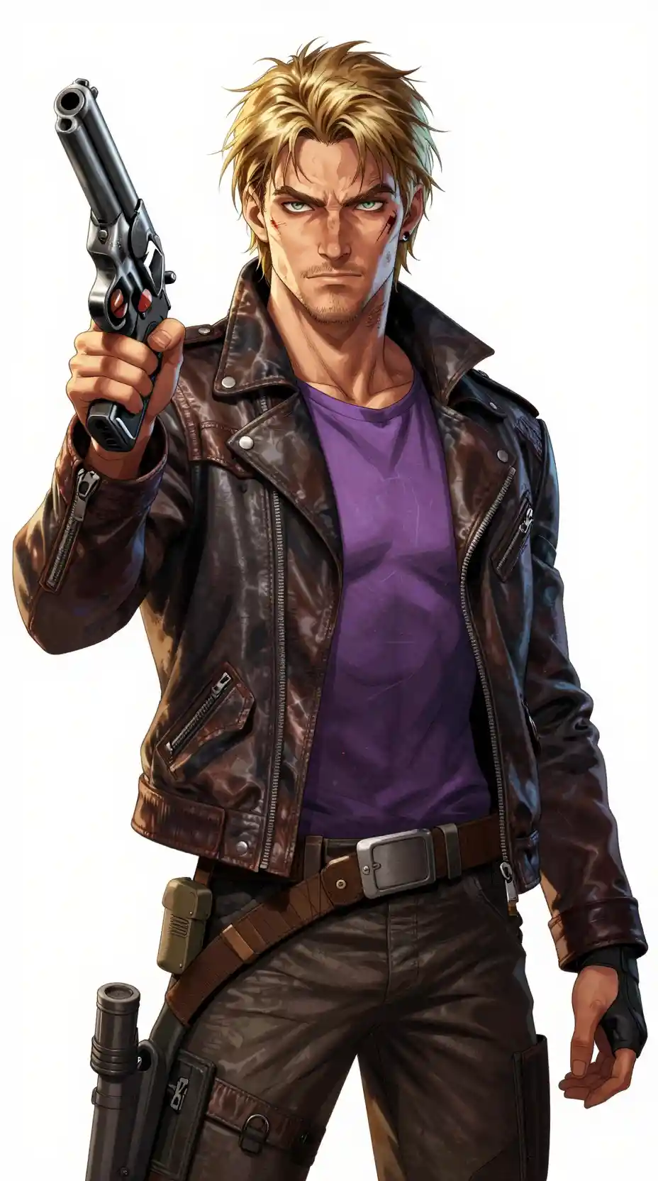 Rogue space smuggler with scars and futuristic sidearms