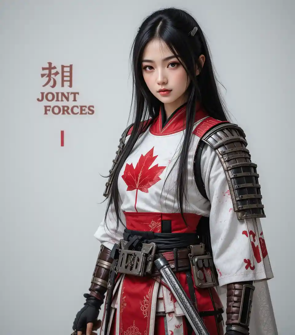 Japanese woman warrior in white and red samurai armor