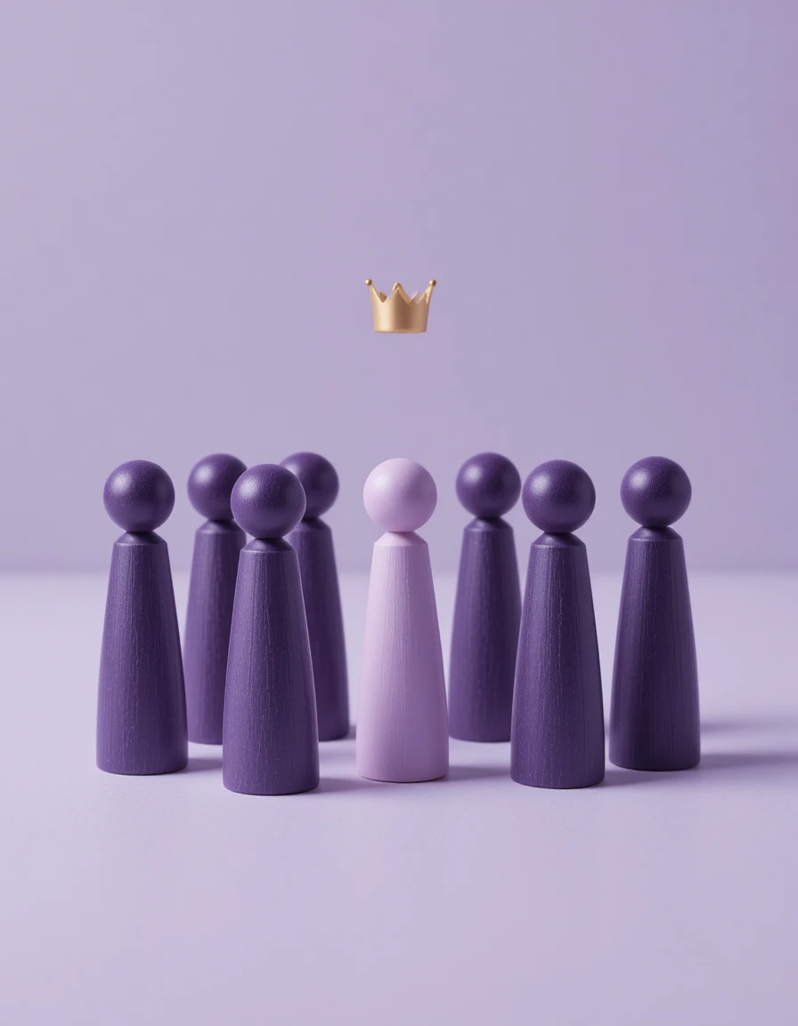 Minimal wooden figures in a purple leadership concept scene