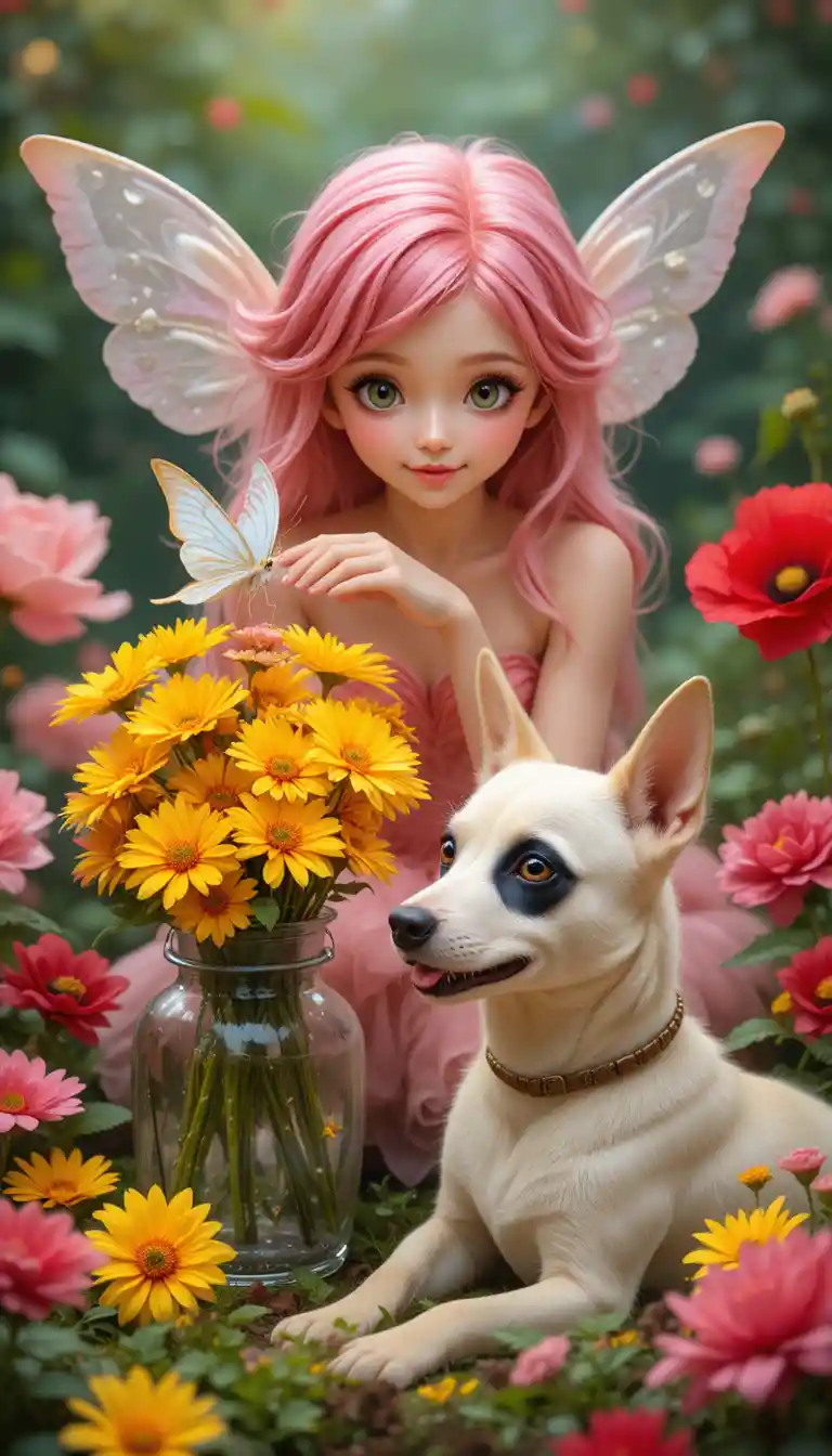 Fairy Watching A White Butterfly In A Lush Flower Garden