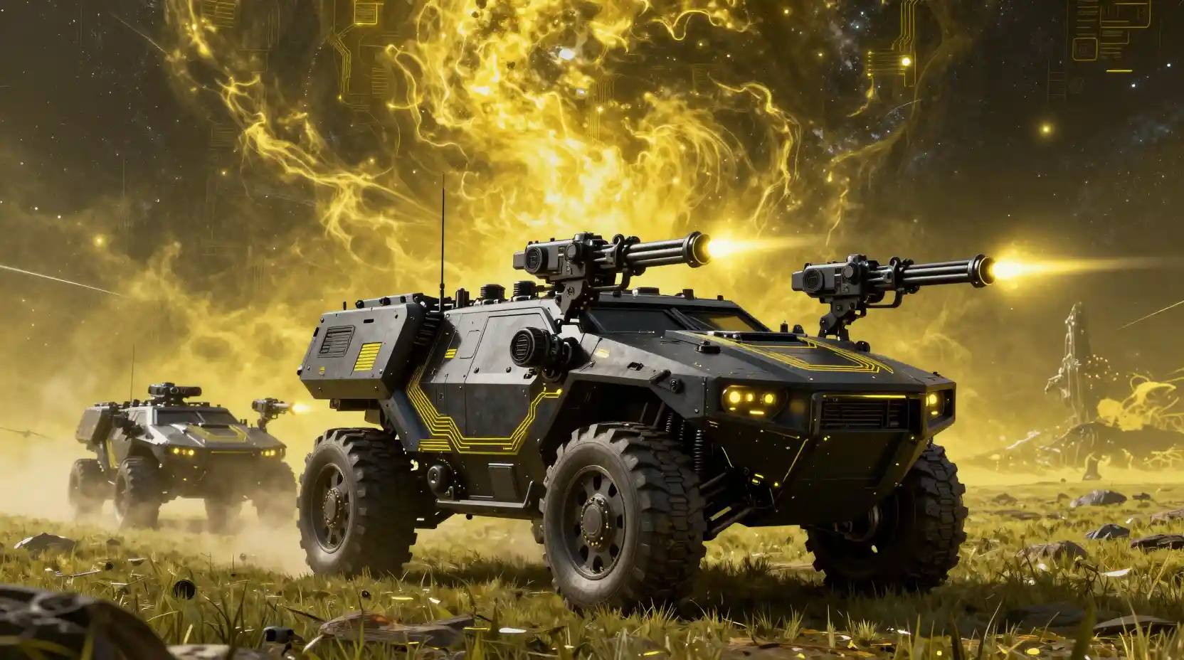 Futuristic armored vehicles charging across alien terrain