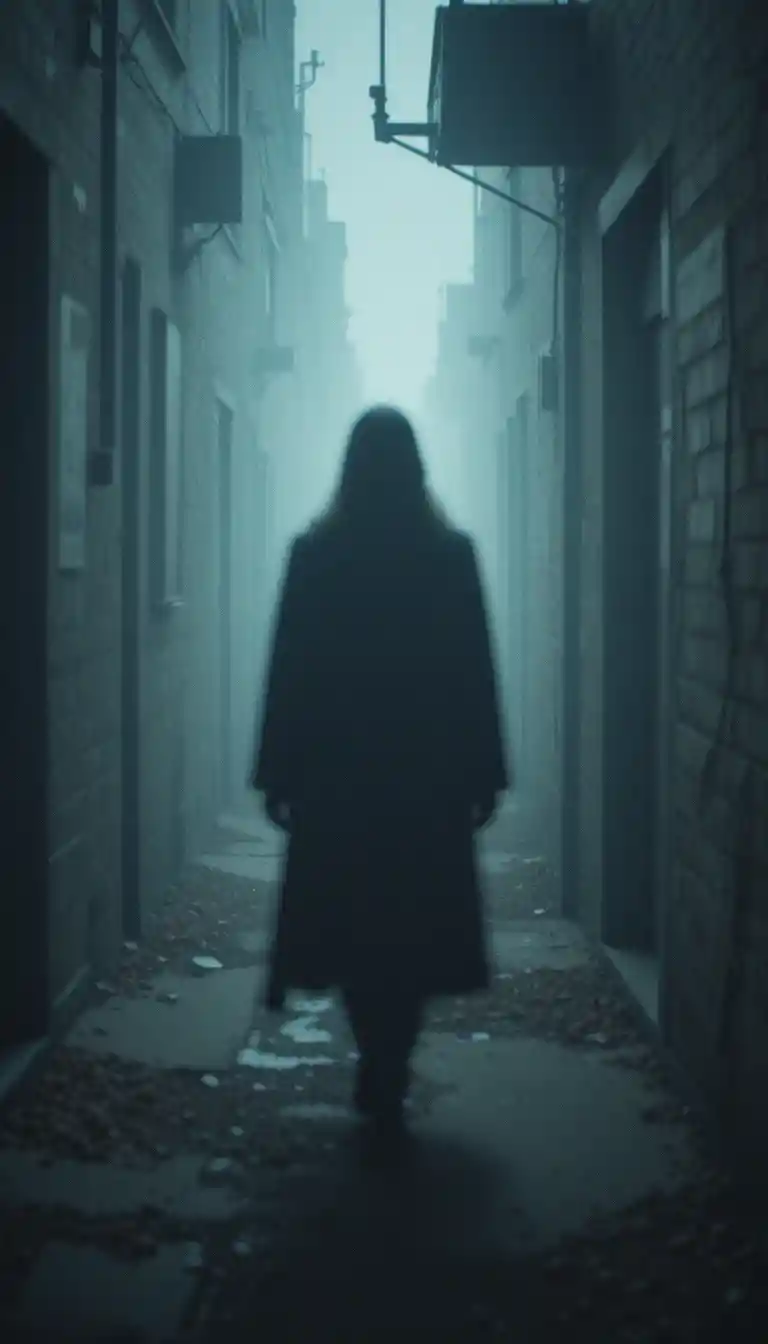 Blurred figure in a cinematic alleyway with moody atmosphere