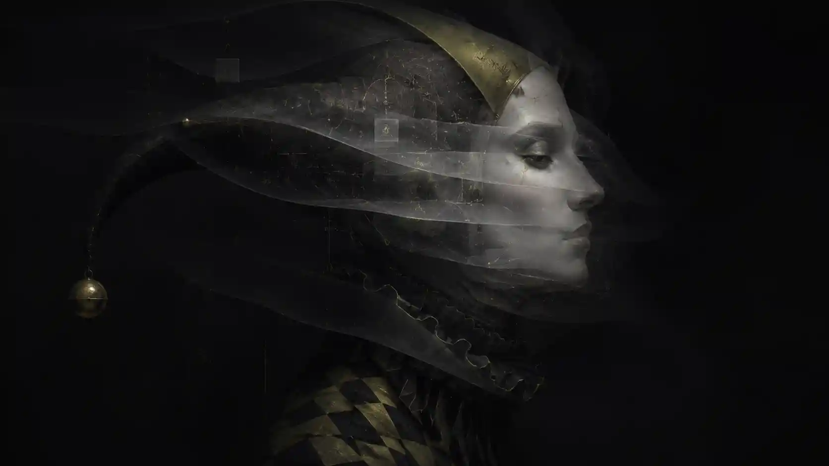 Surreal veiled portrait of a porcelain harlequin profile