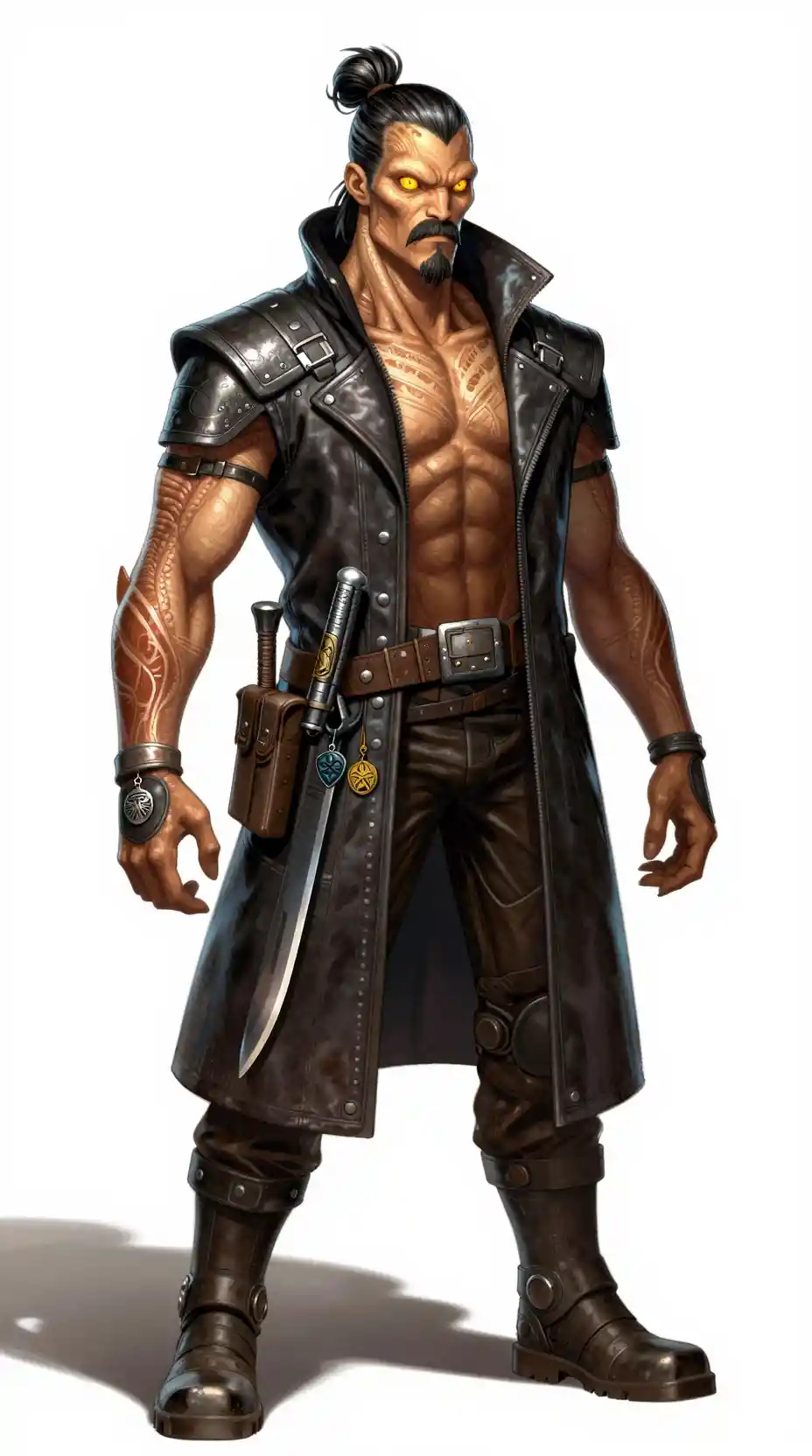 Alien space opera mercenary in plated leather longcoat