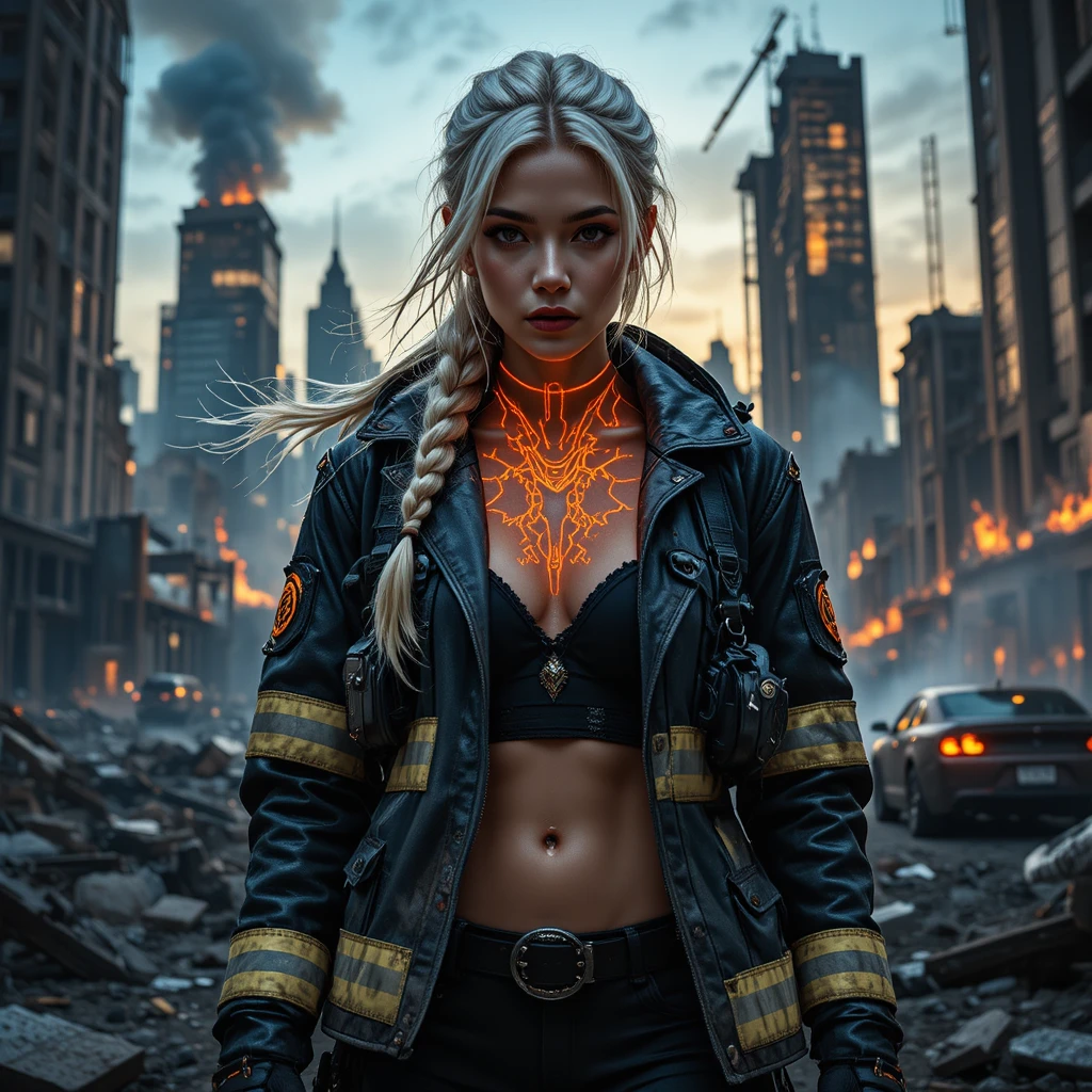 Fierce female commander in burning post apocalyptic city