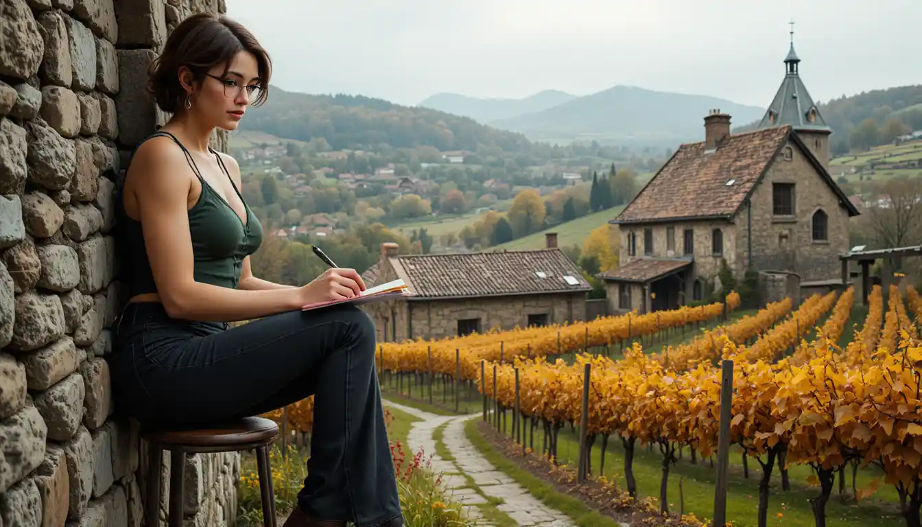 Police investigators at stone house in rural vineyard landscape