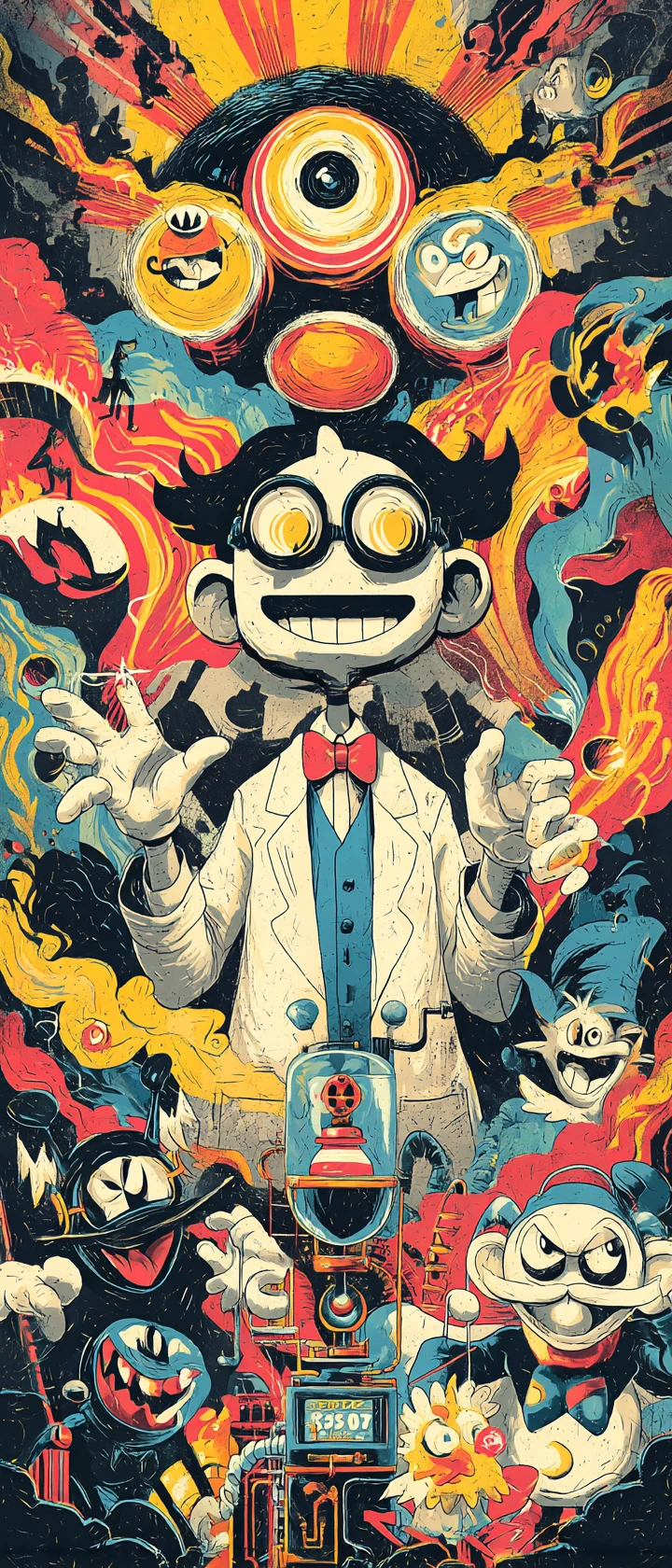 Anime inventor surrounded by chaotic rubberhose cartoon gremlins