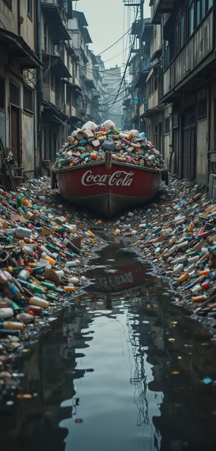 Trash filled riverbank with red boat in grim urban alley