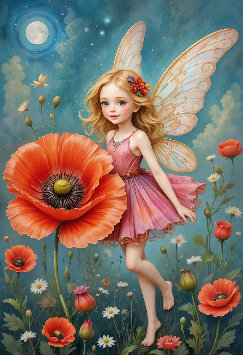 Joyful little poppy fairy beside a giant flower