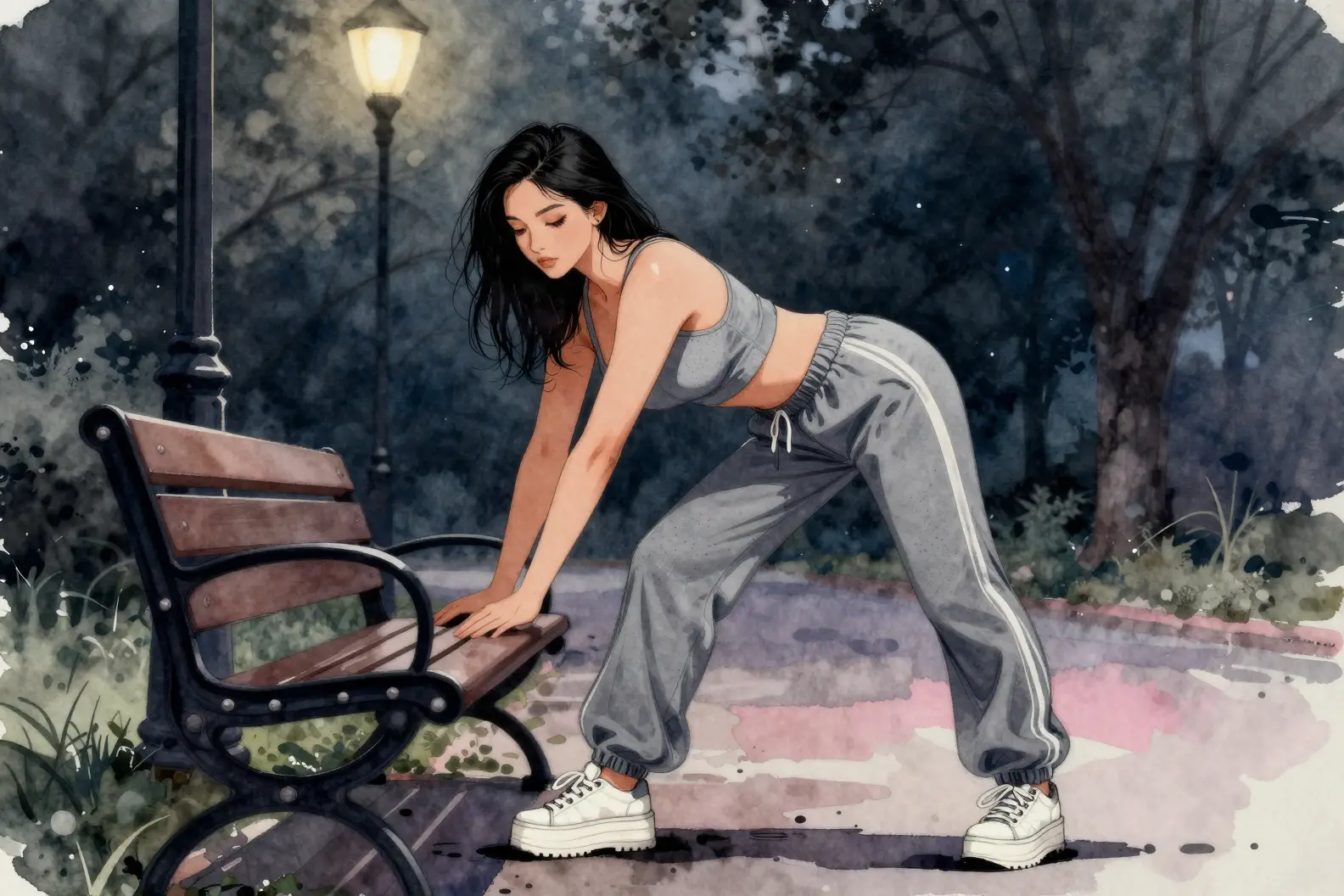 Wide shot of a woman stretching by a park bench