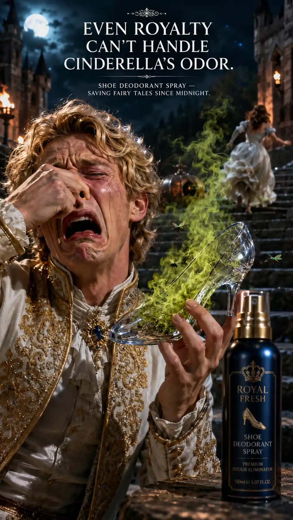 Prince grimacing at a toxic glass slipper on castle steps