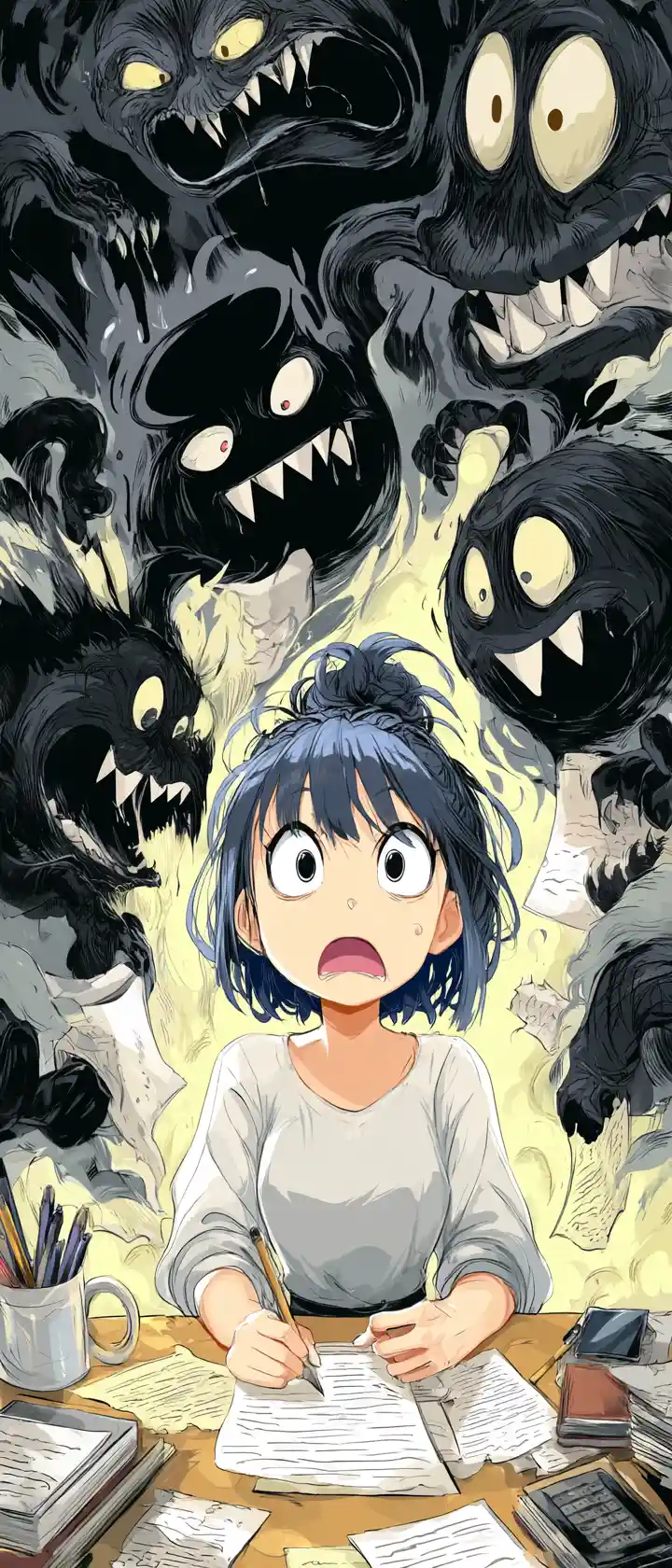 Panicked anime student surrounded by living homework papers