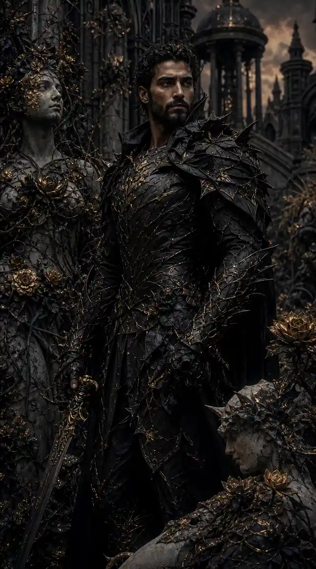Armored guardian in a ruined gothic garden of living stone