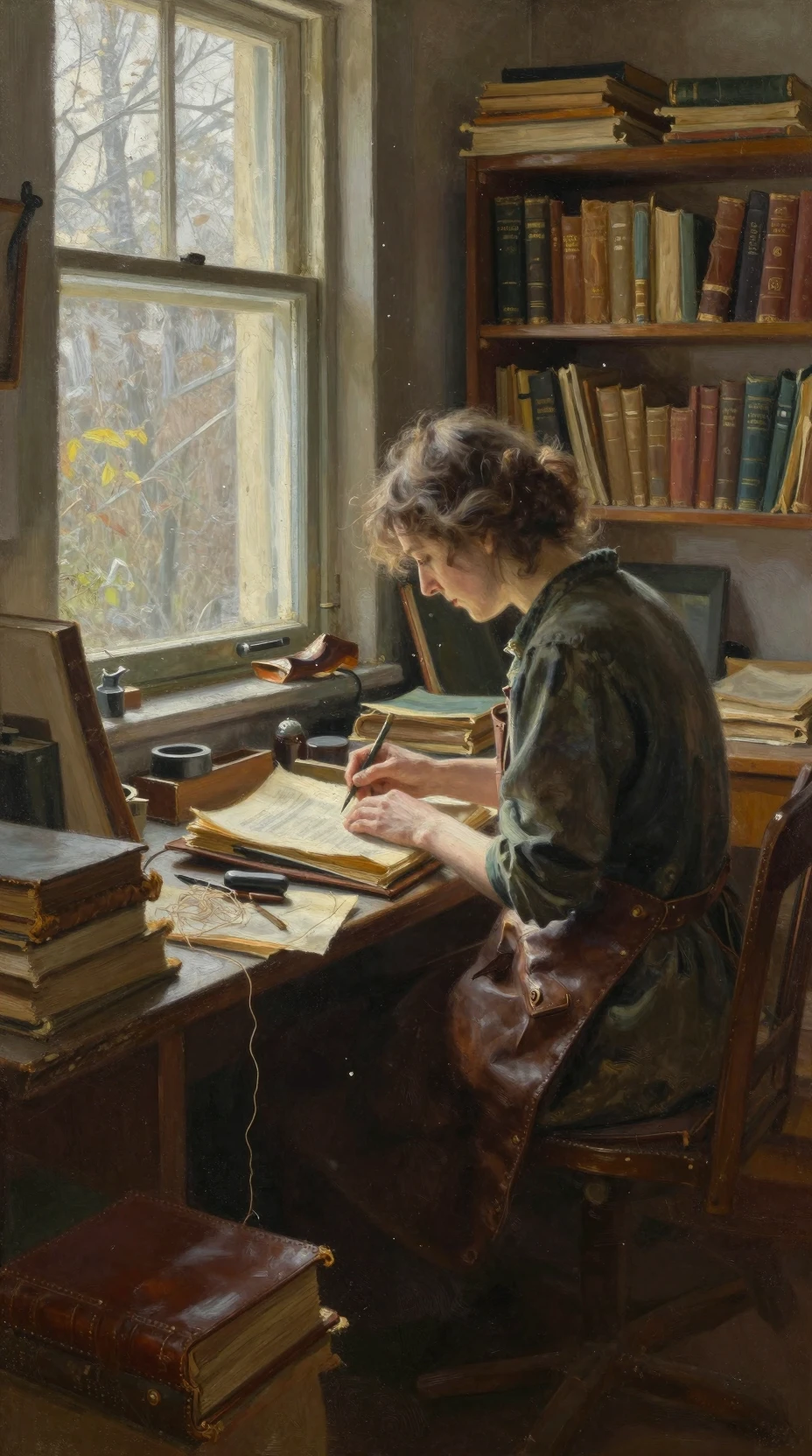 Craftswoman Restoring Ancient Books In A Sunlit Workshop