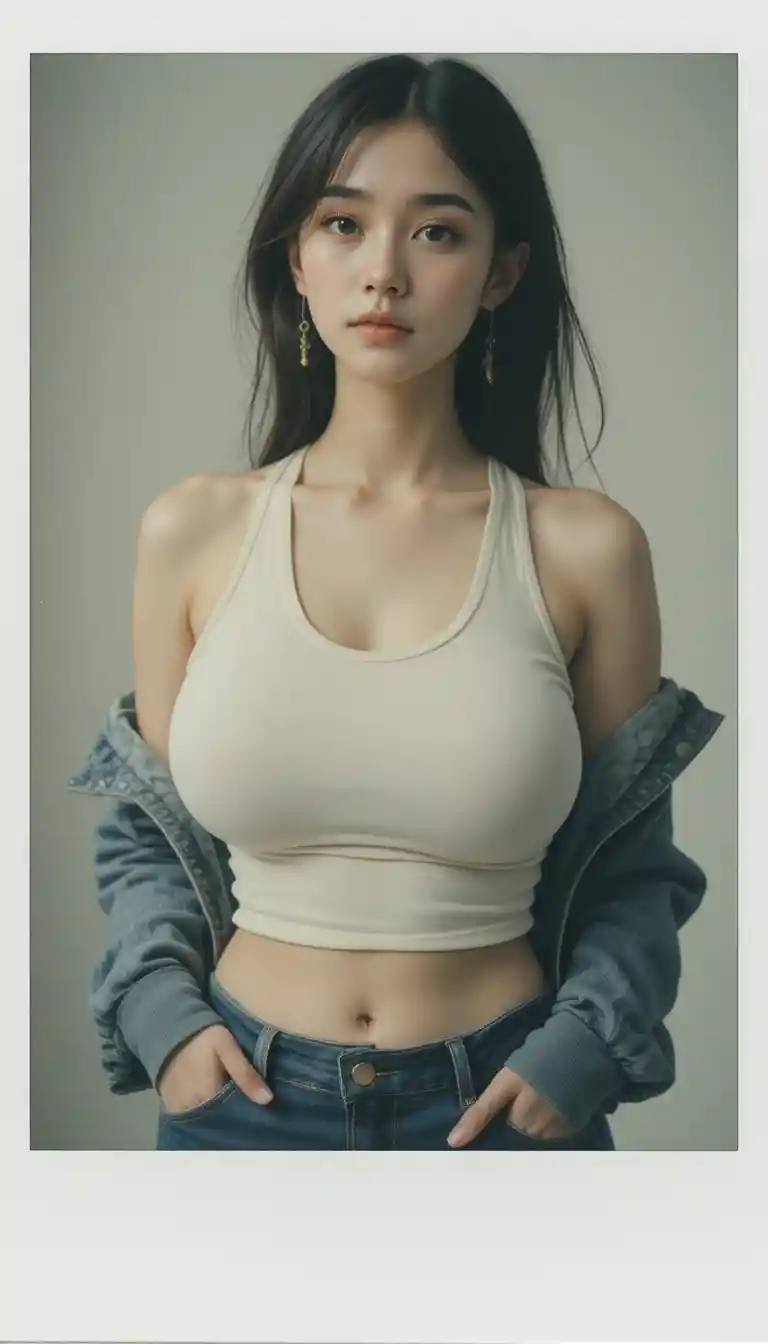 Japanese woman in casual outfit in a polaroid portrait