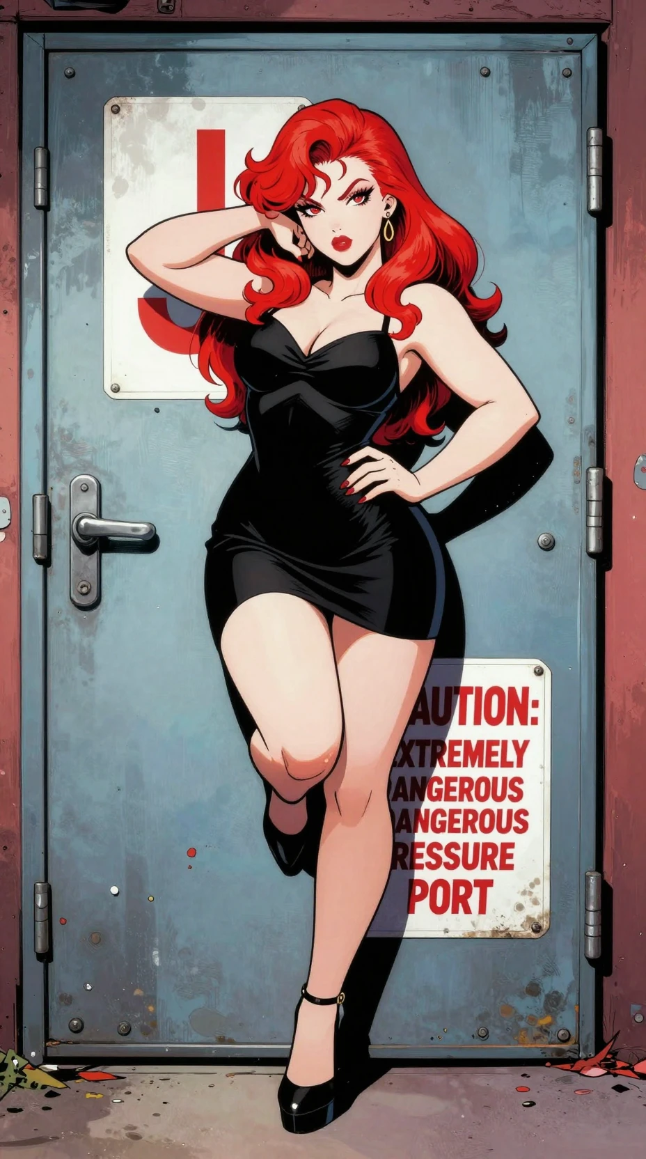 Confident red haired woman on dangerous metal door