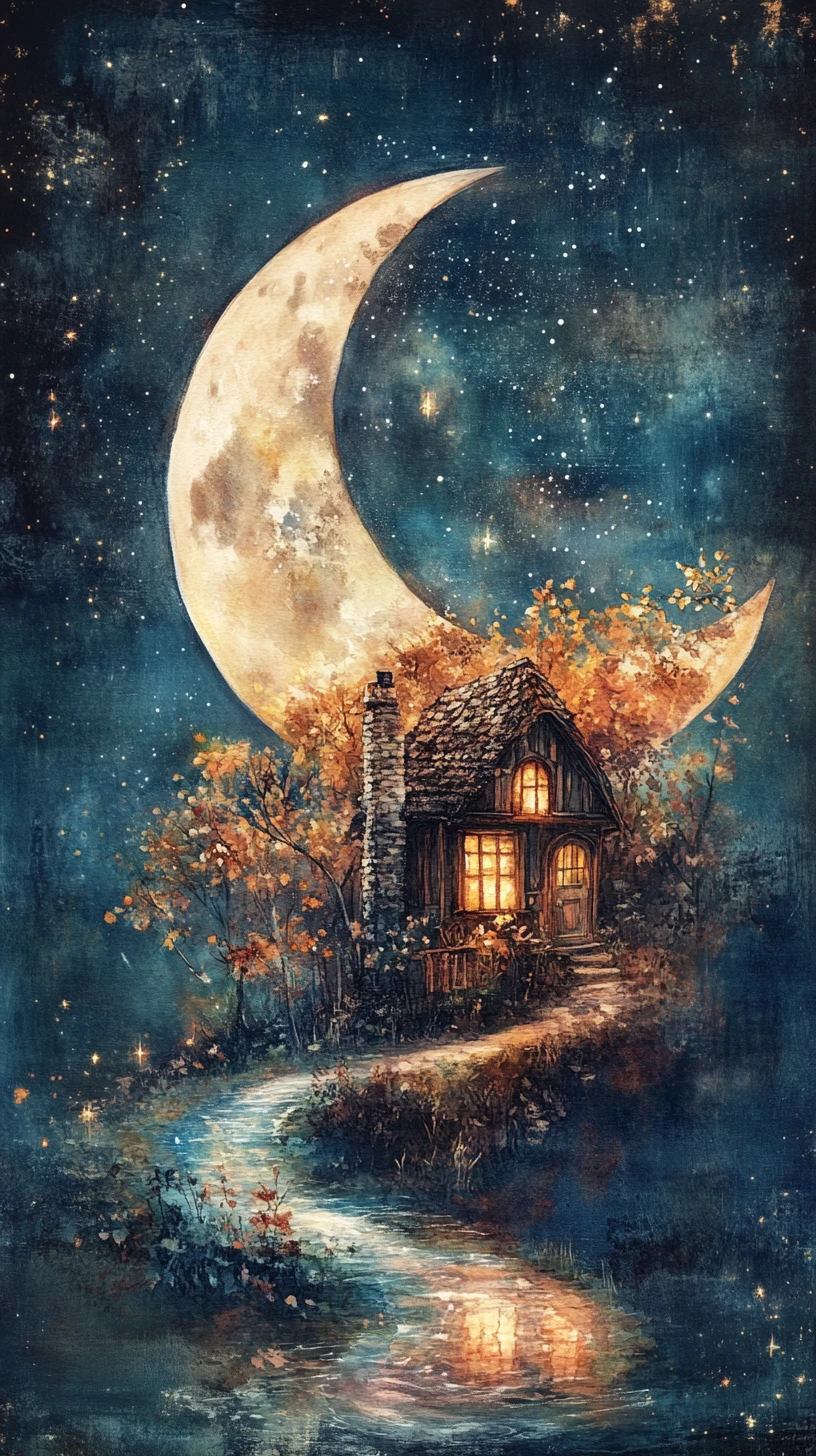Sleeping giant in crescent moon with tiny house and stars