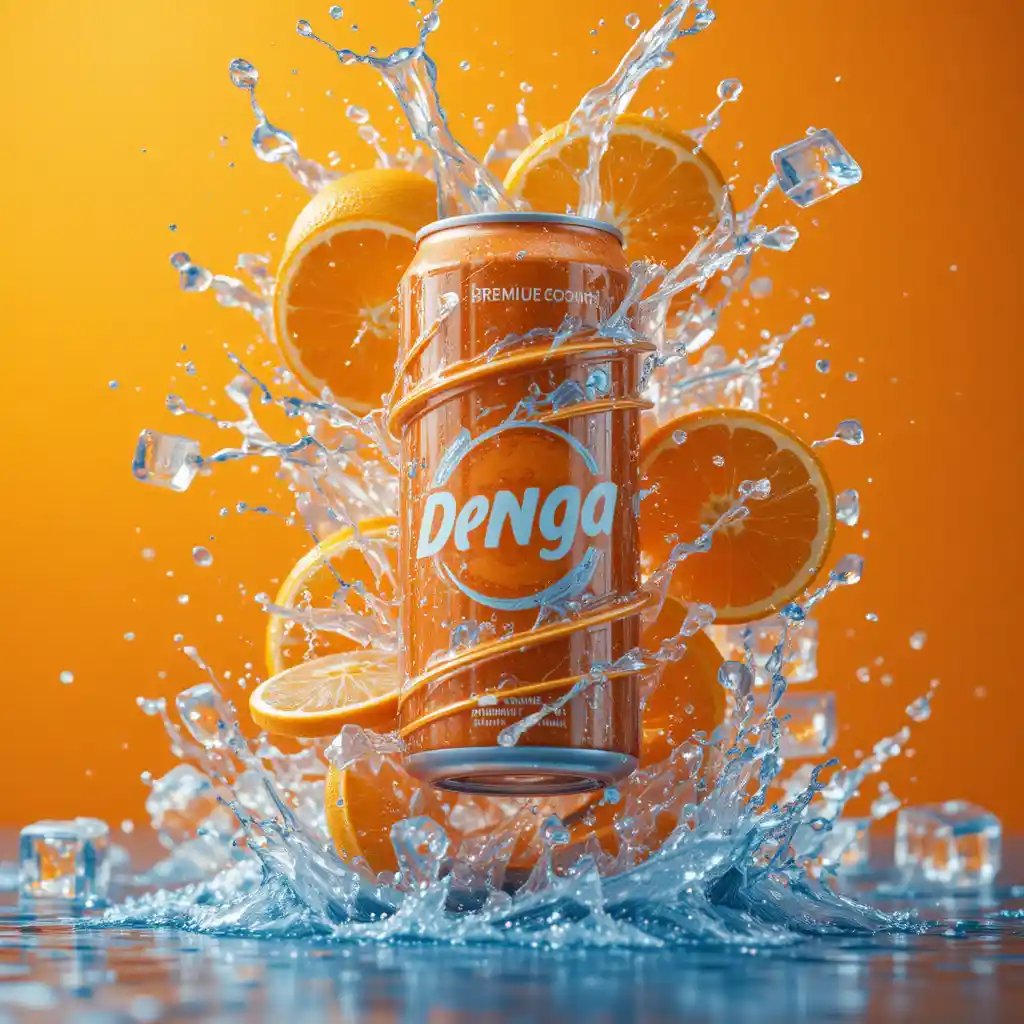 Orange soda can exploding into swirling water and fruit