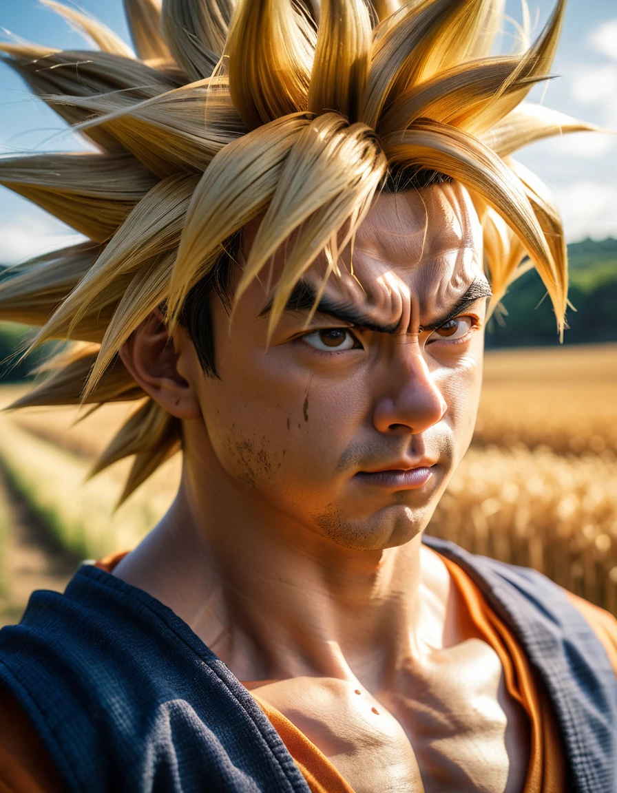 Calm golden haired anime warrior in peaceful countryside portrait