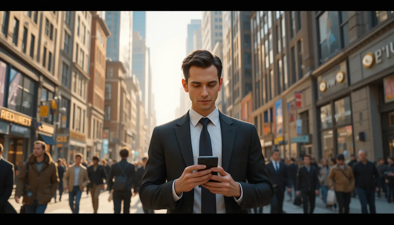 Businessman Walking Through Busy City Street With Smartphone