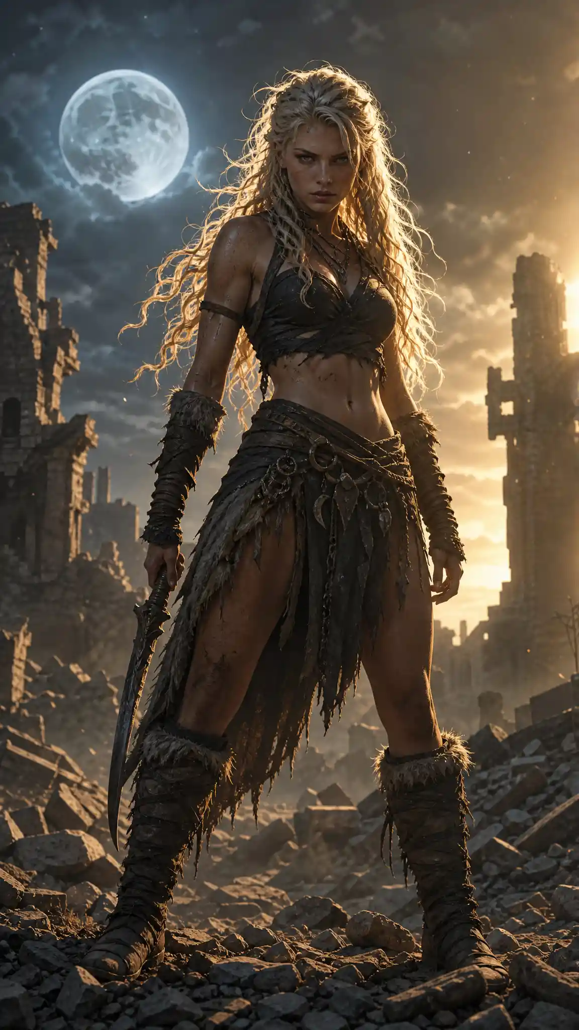 Fierce nordic warrior woman in moonlit urban ruins