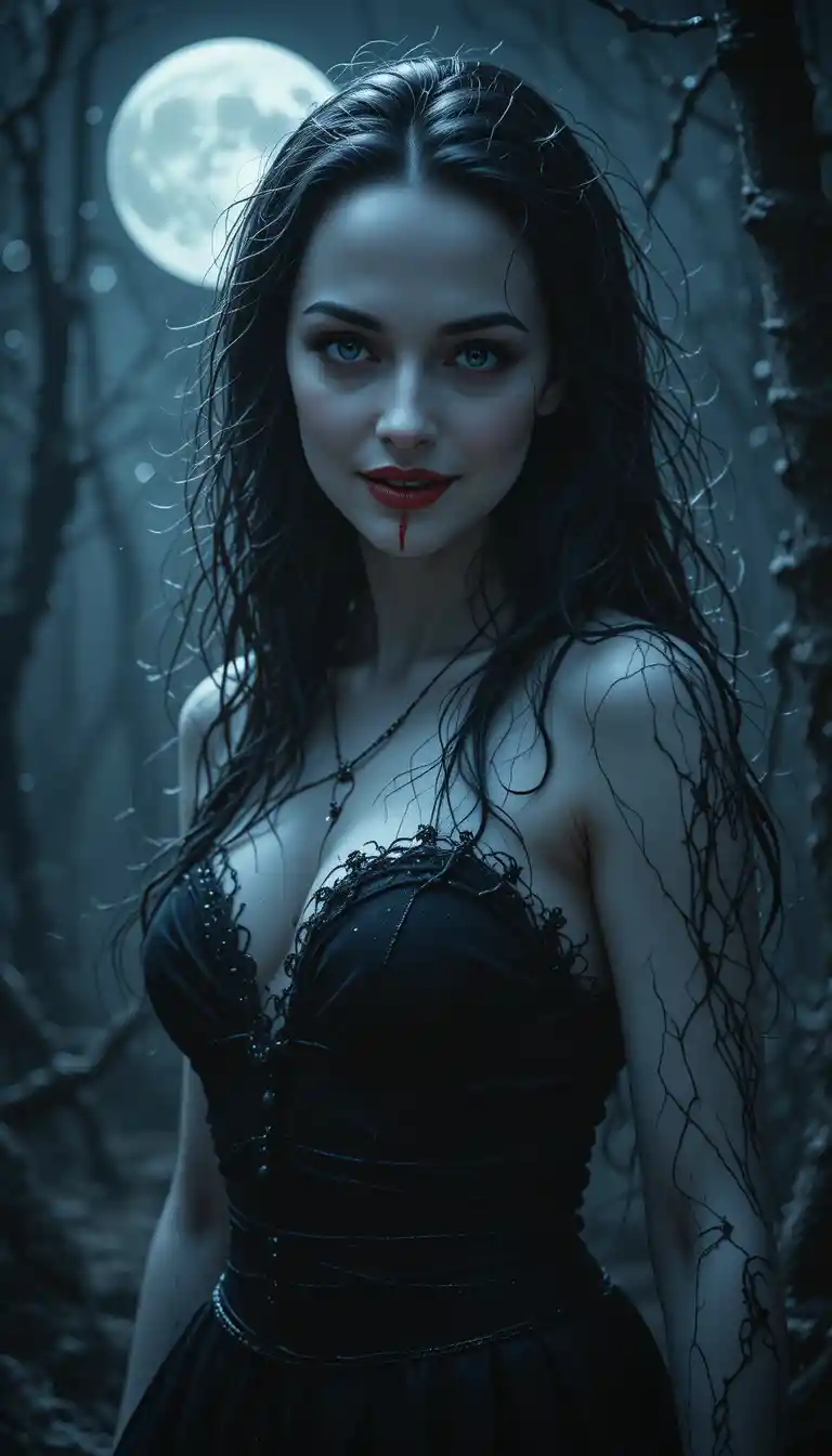 Pale vampire woman beneath a glowing full moon