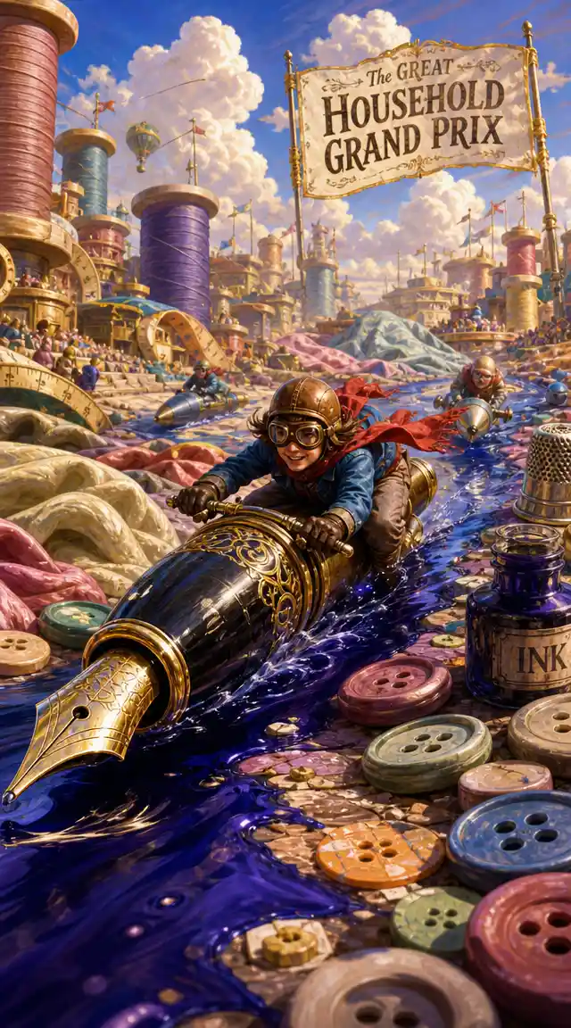 Racer gliding on a giant fountain pen through surreal household world