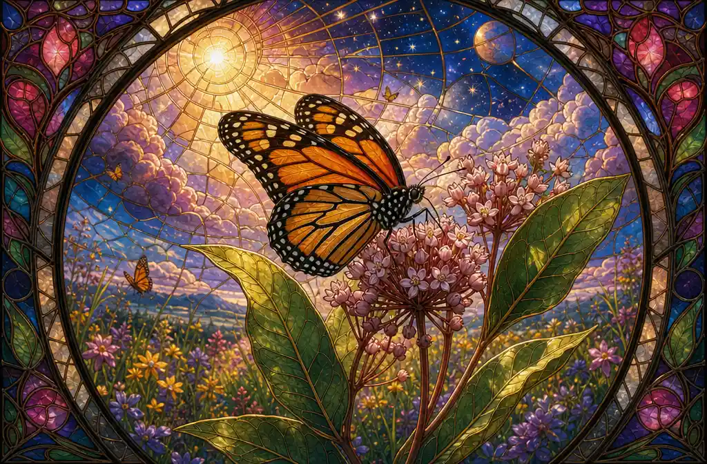 Monarch butterfly on milkweed in stained glass meadow art