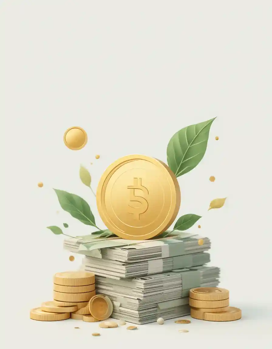 Modern flat illustration of golden coin and banknotes