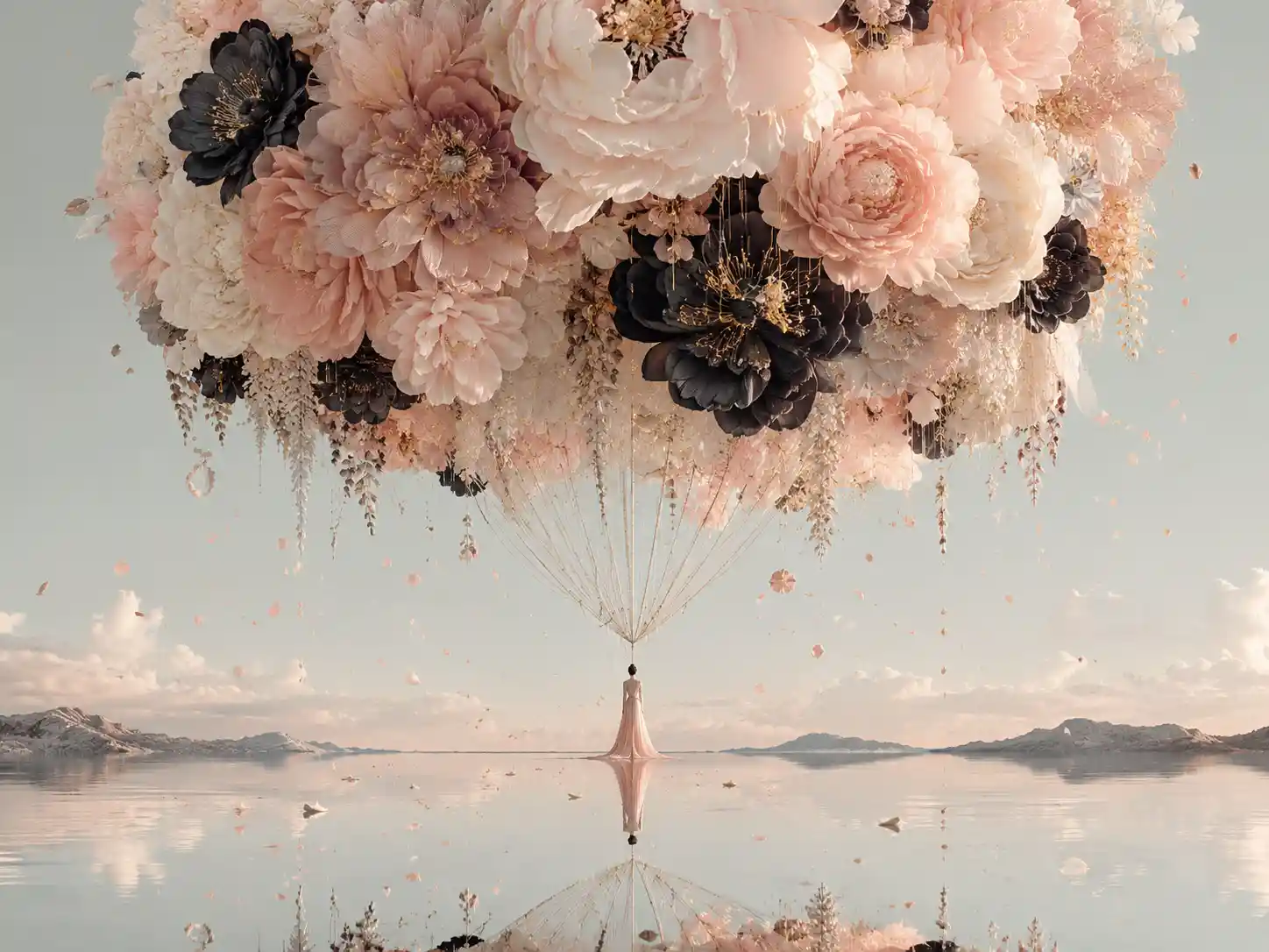 Floating floral dome reflected over still mirror water