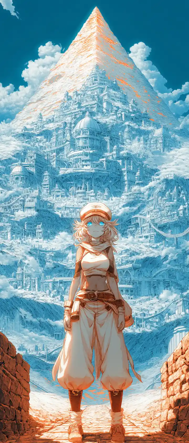 Anime explorer facing a vast mountain with glowing interior cities