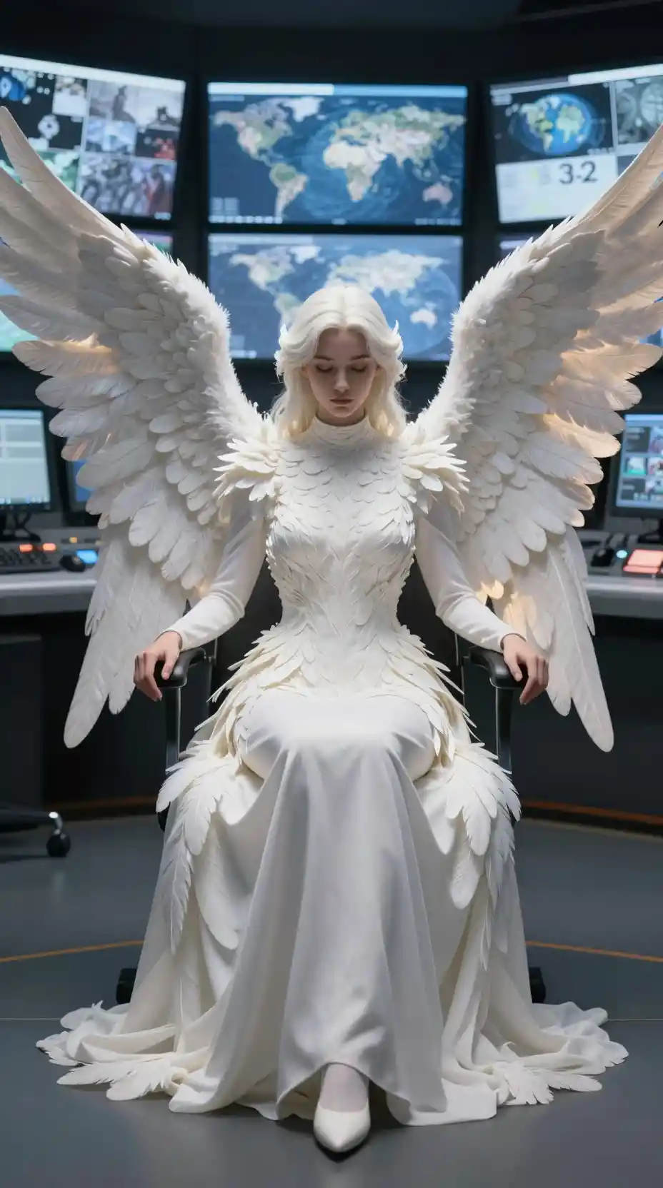 Ethereal angel woman in a glowing broadcast control room