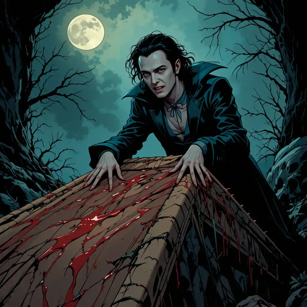 Brooding vampire on a coffin under the cold moonlight
