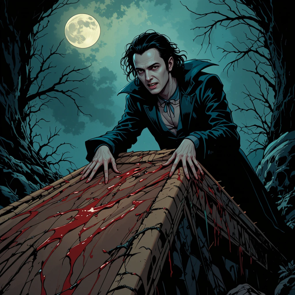 Brooding vampire on a coffin under the cold moonlight