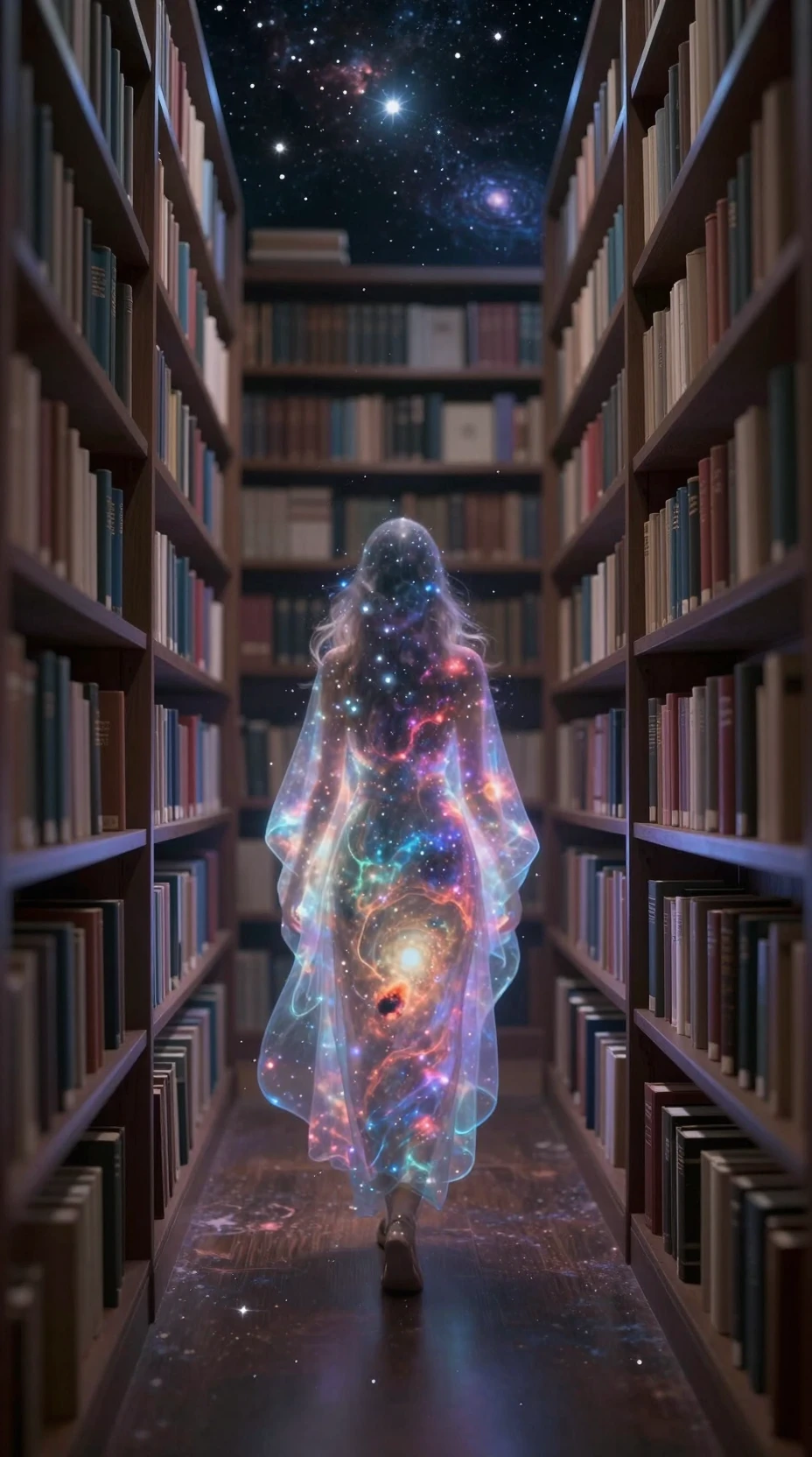 Spectral librarian drifting through an ethereal cosmic library