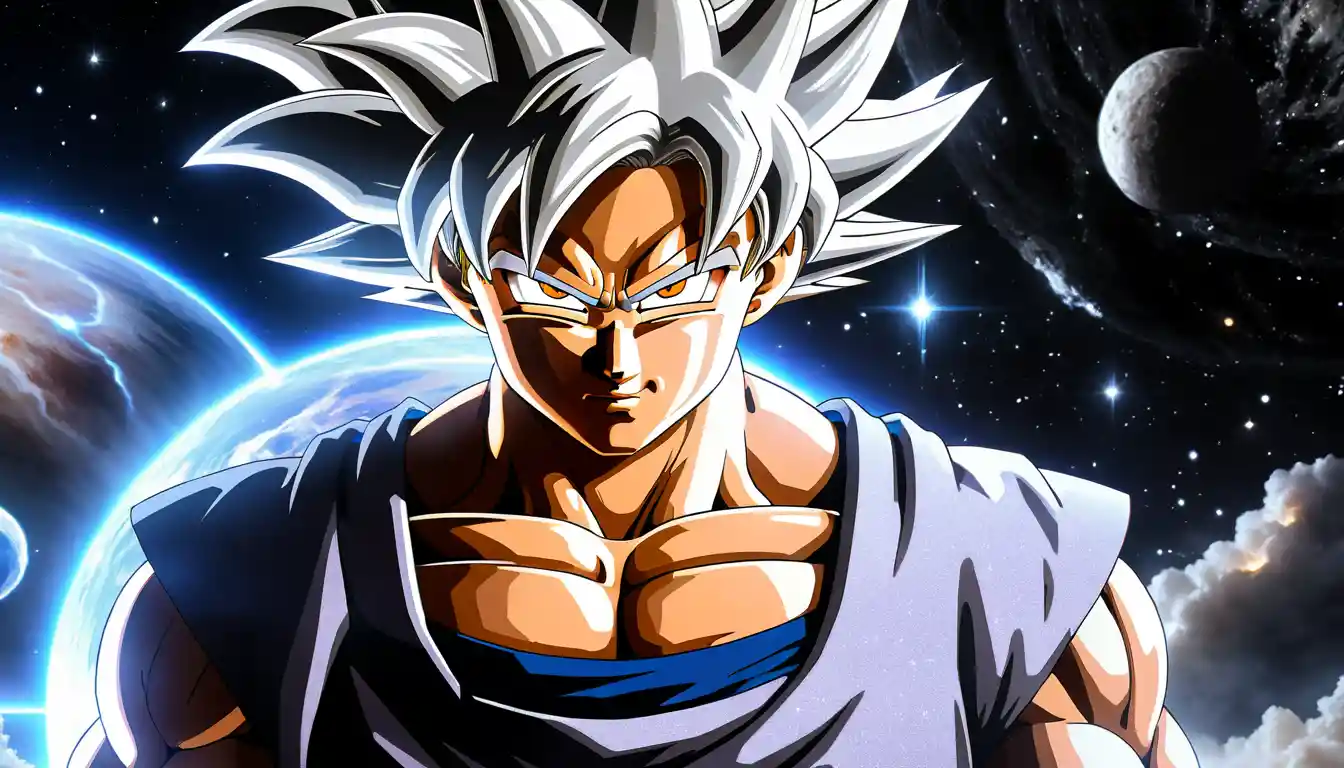 Silver haired warrior in calm ultra instinct cosmic aura