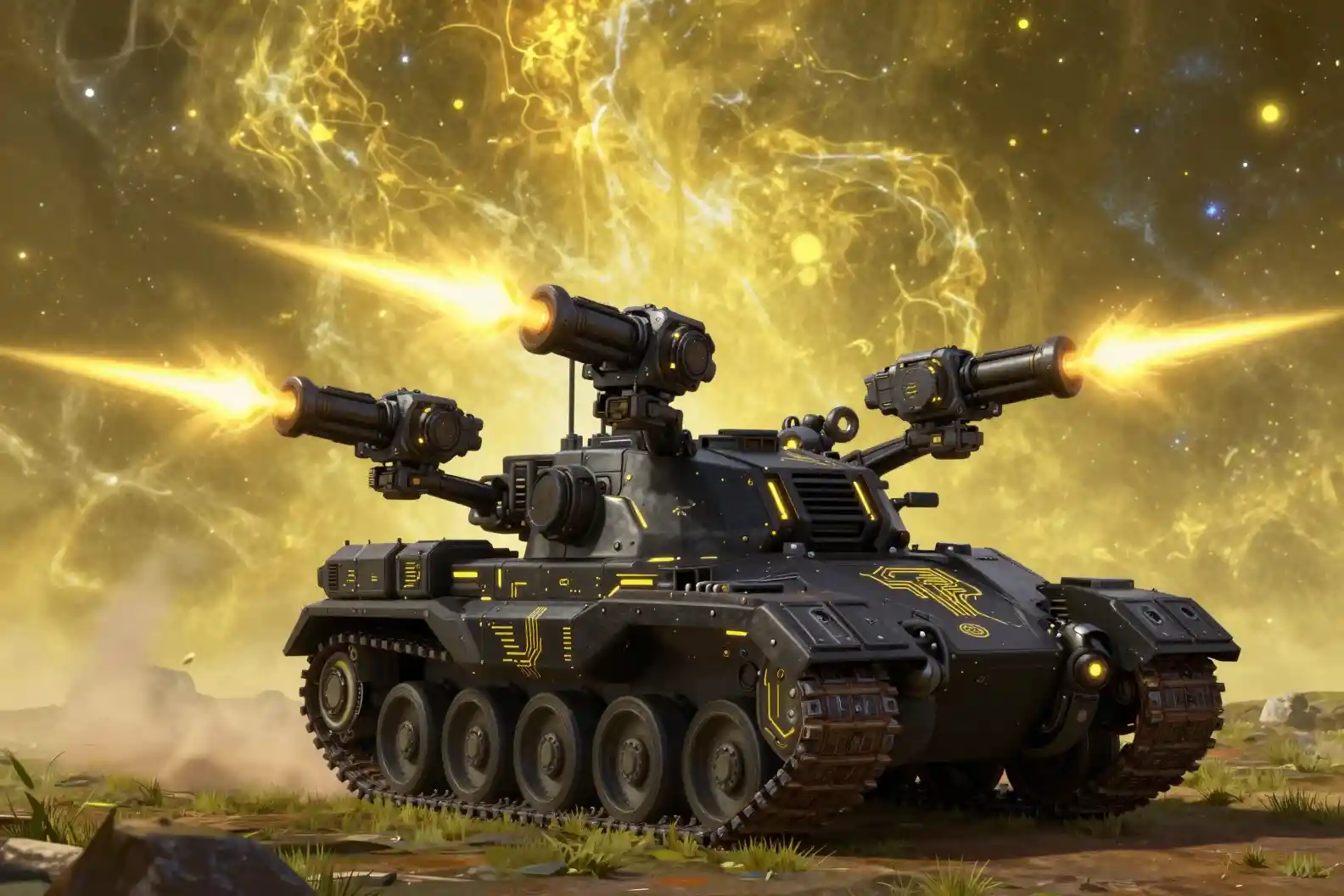 Futuristic black tanks firing energy weapons on grassy terrain