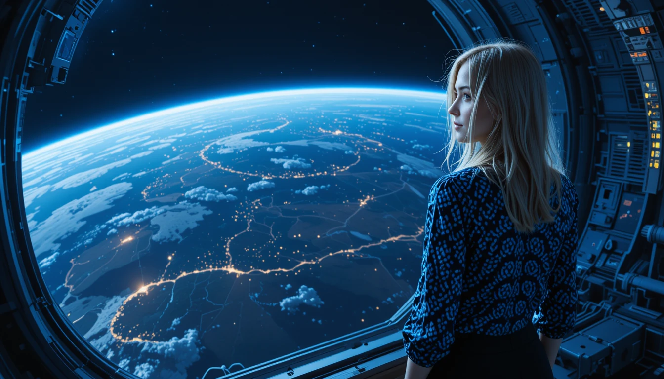 Frau blickt von einer futuristischen Raumstation auf die Erde