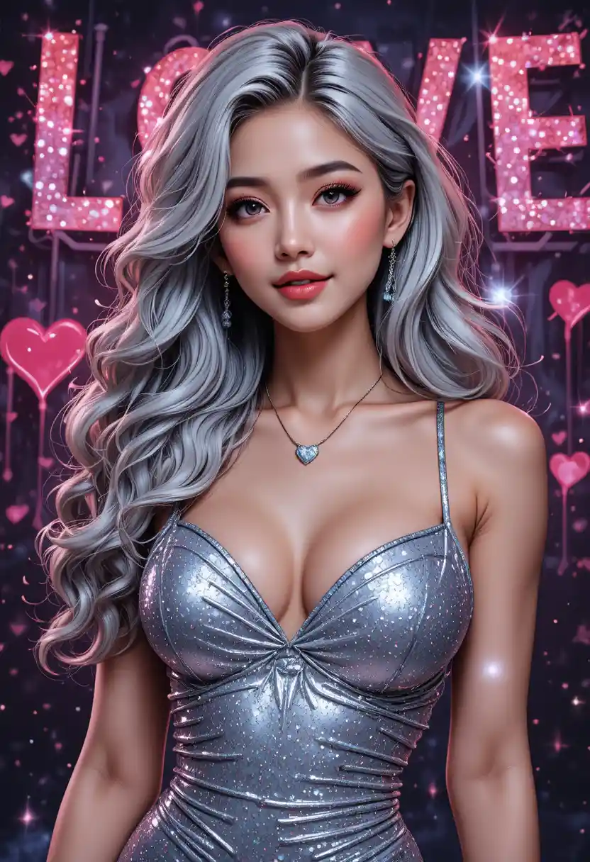 Smiling woman with silver hair in sparkly dress close up