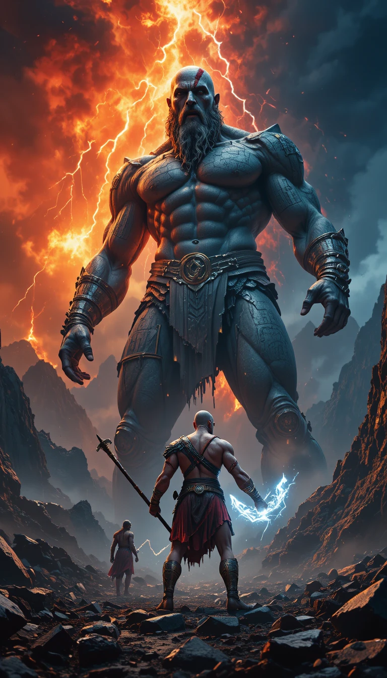 Mythic warrior facing a colossal lava titan in battle