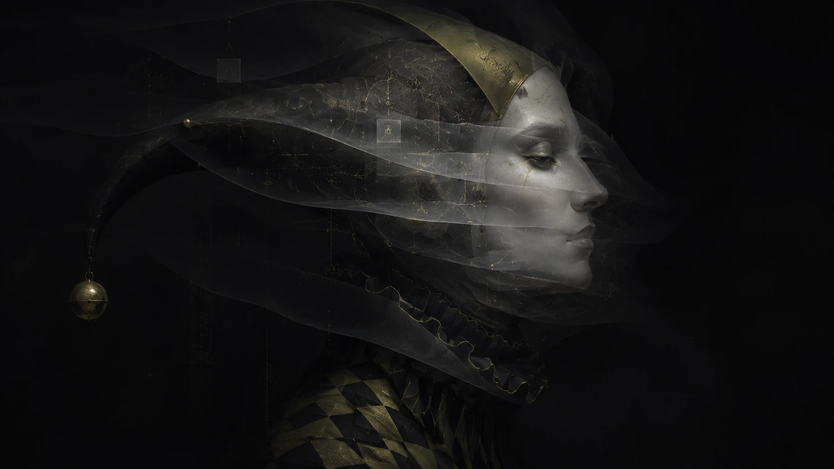 Surreal veiled portrait of a porcelain harlequin profile