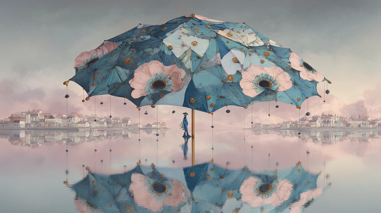 Surreal schwebender Patchwork-Regenschirm, im stillen Wasser gespiegelt