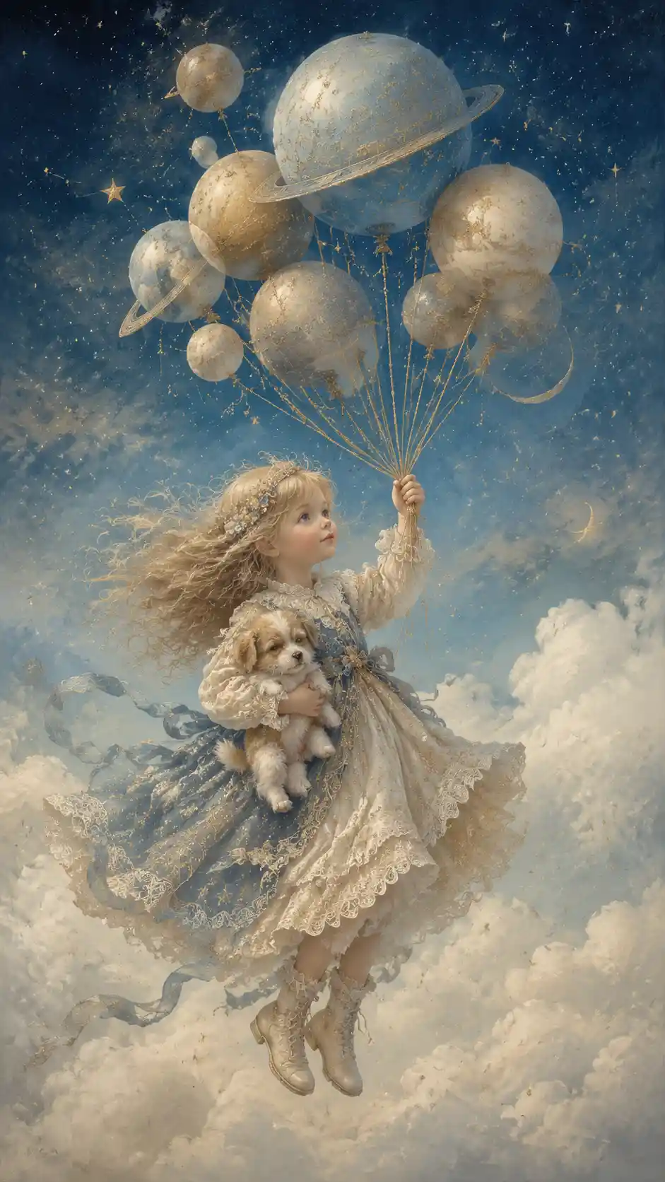 Child Floating With Planet Balloons In Dreamy Sky