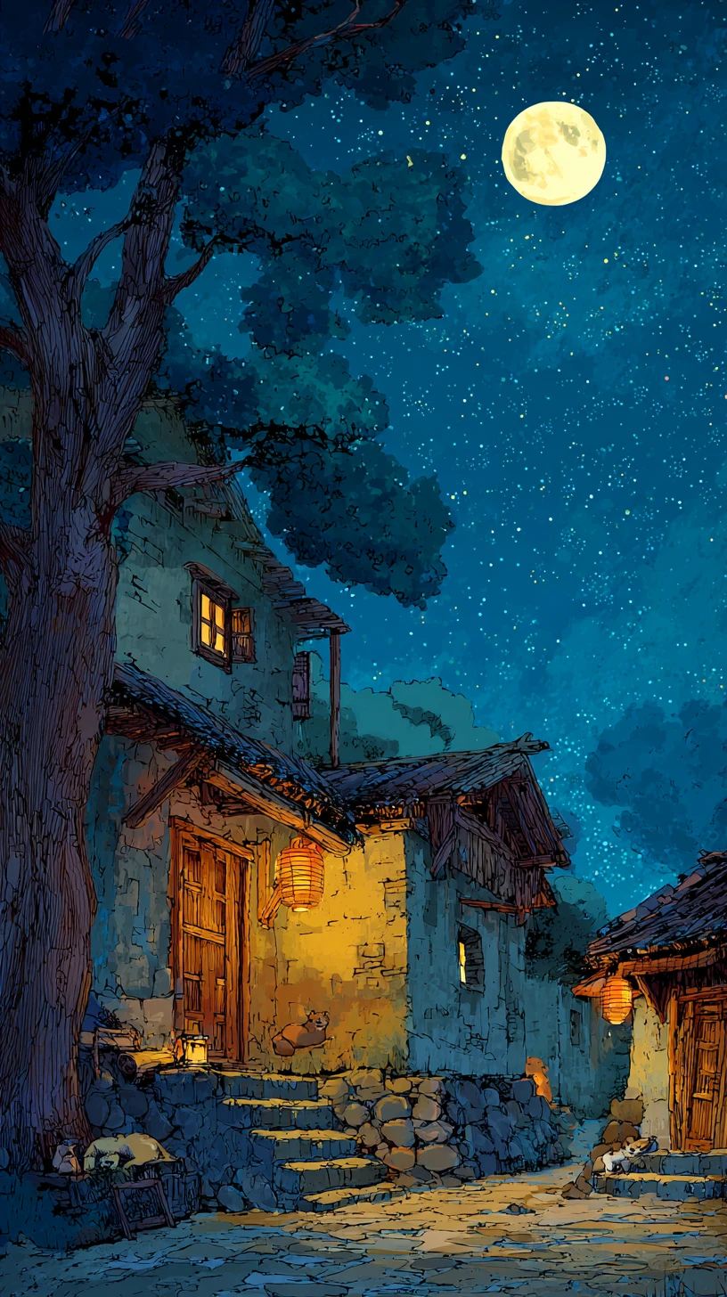 Quiet rural village at night under a glowing full moon