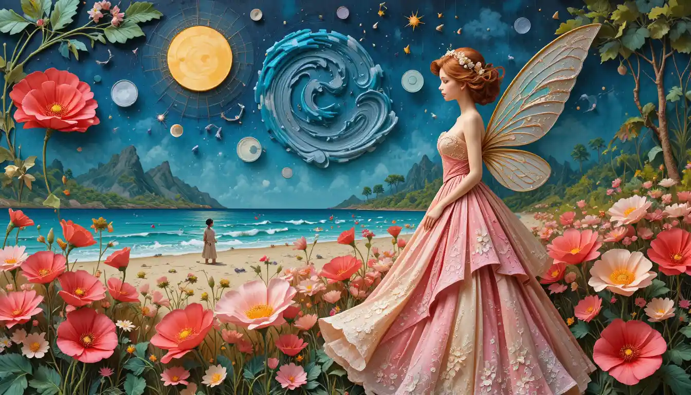 Elegant woman in couture dress under a dreamy night sky