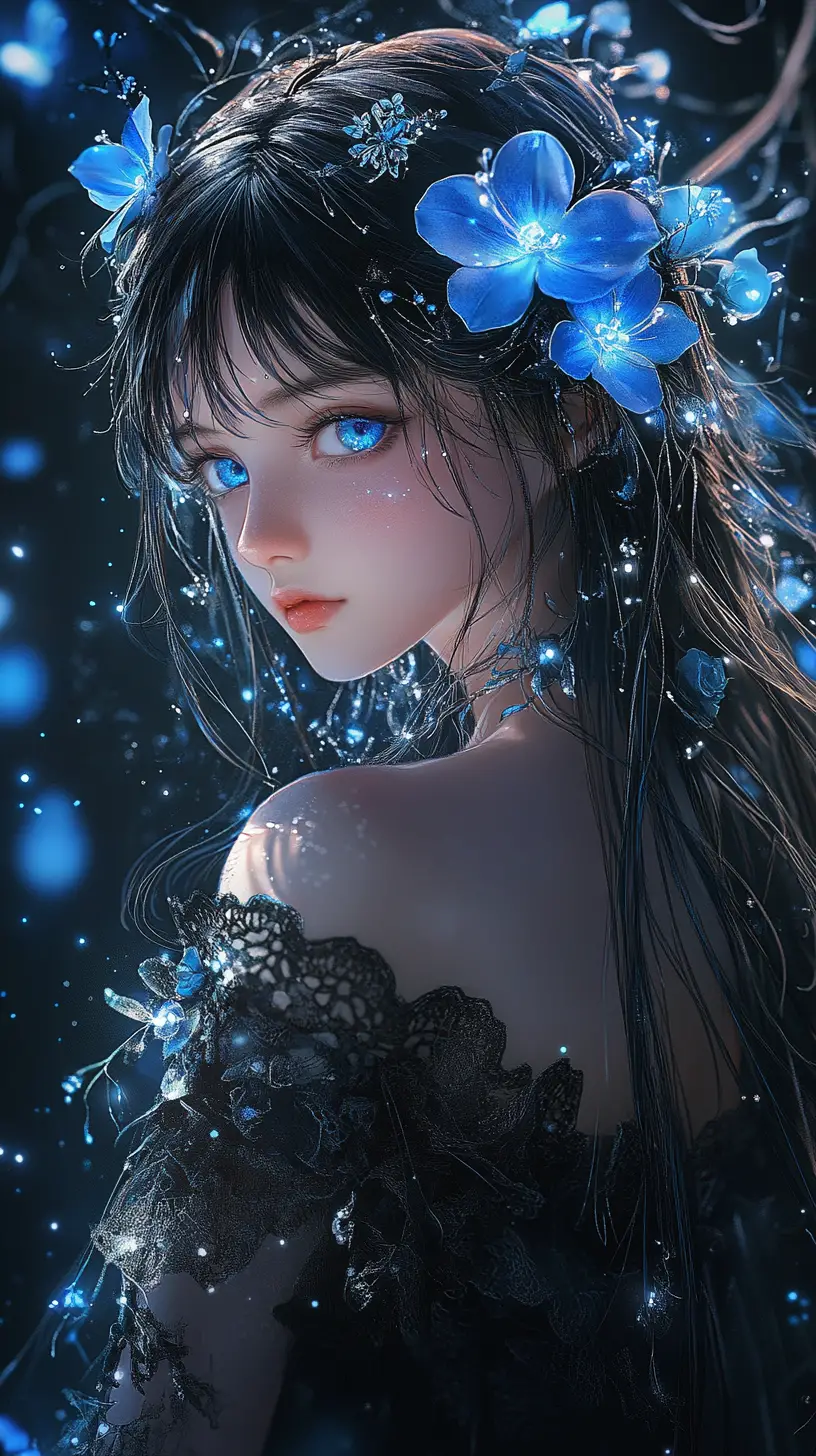 Anime girl with glowing blue flowers in dark stardust